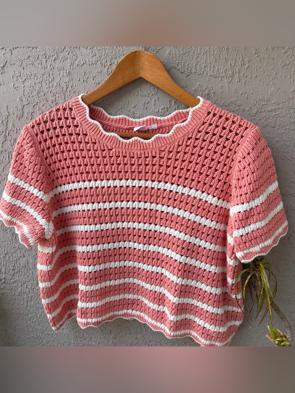 GAP Pink and White Cropped Knit Striped Top